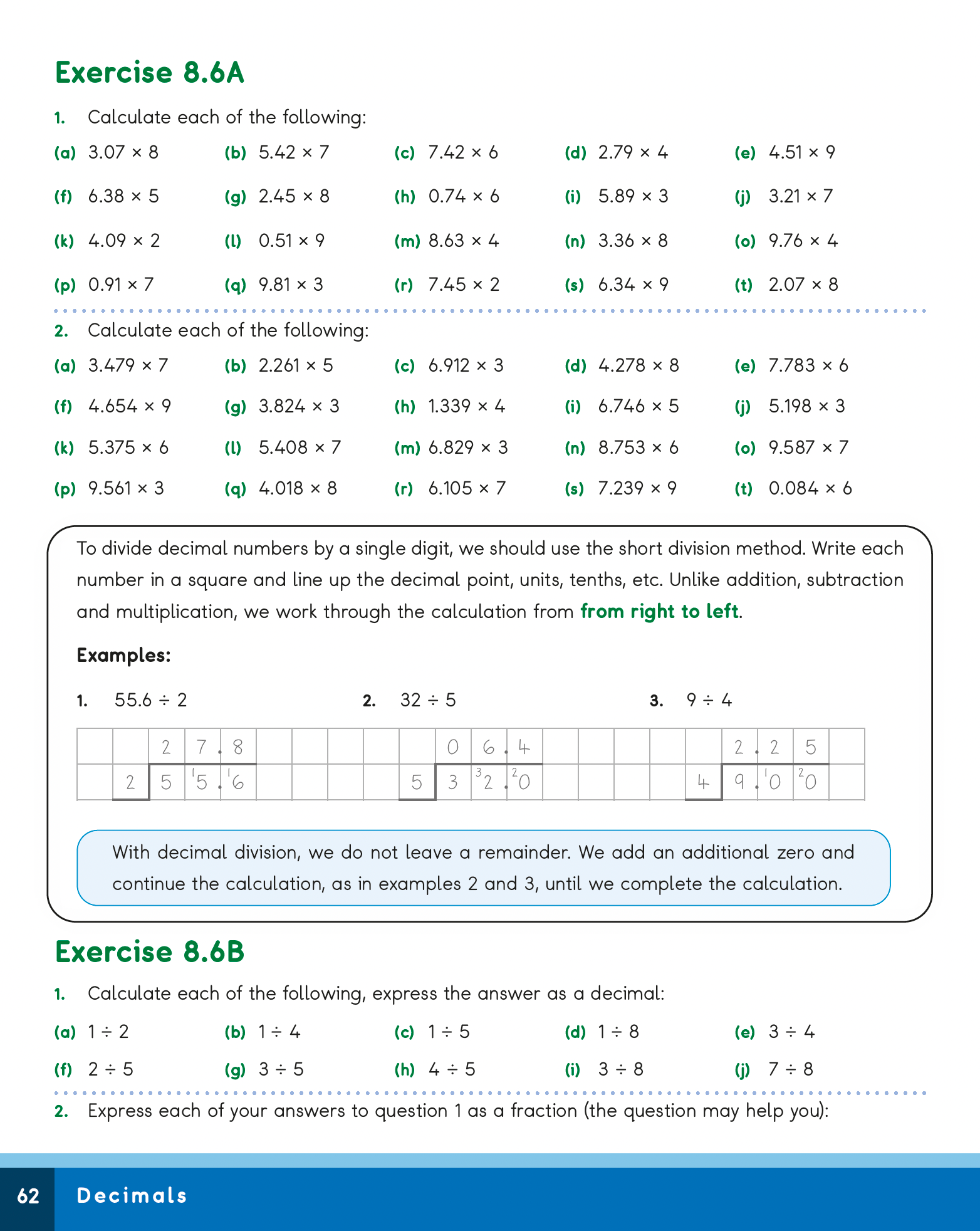 Mathematics exercise sheet with decimal calculations and division examples.