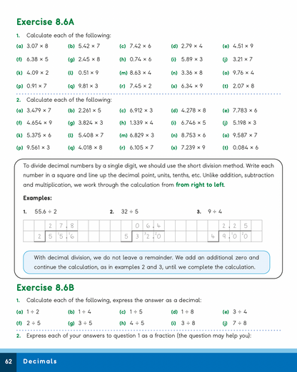 Mathematics exercise sheet with decimal calculations and division examples.