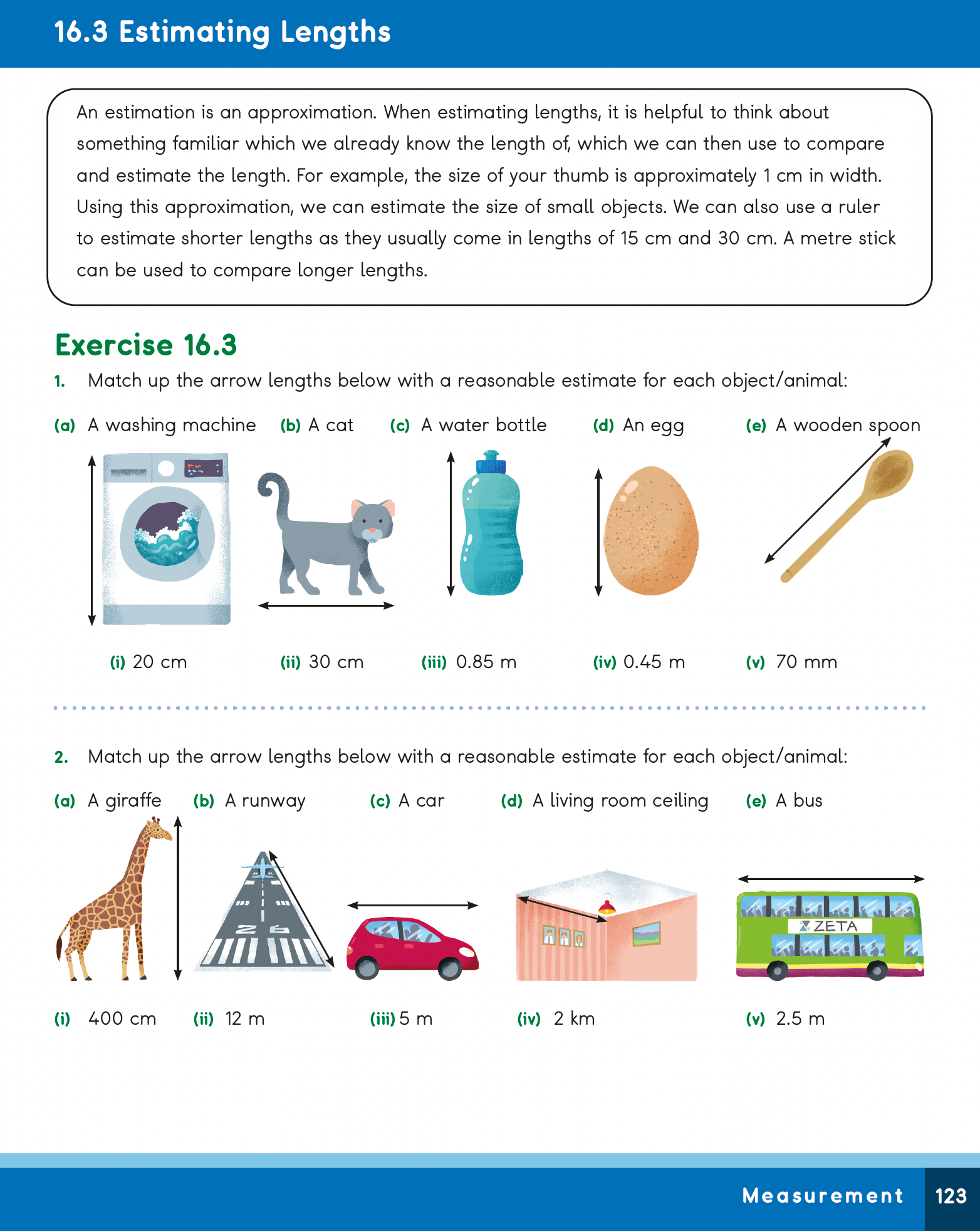 Educational page on estimating lengths with images and measurements.