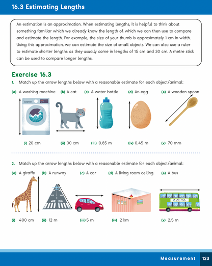 Educational page on estimating lengths with images and measurements.