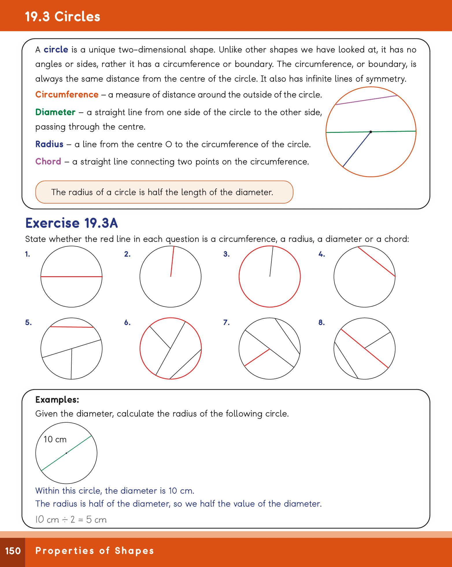 Mathematics worksheet on circles with definitions and exercises.
