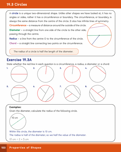 Mathematics worksheet on circles with definitions and exercises.