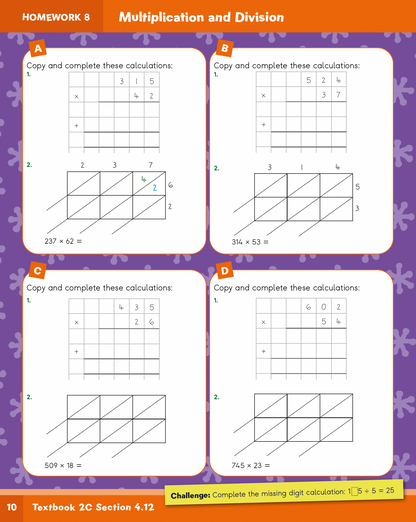 Mathematics worksheet with multiplication and division problems on a purple background