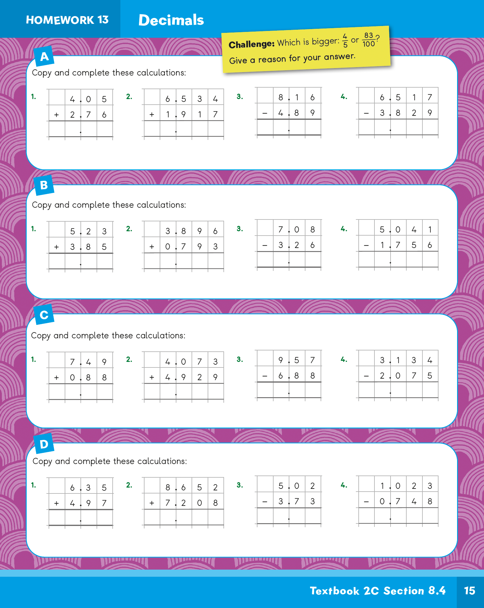 Mathematics worksheet with decimal calculations on a purple background
