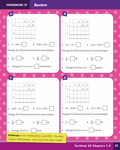 Mathematics homework review sheet with problems and answers on a pink and purple dotted background