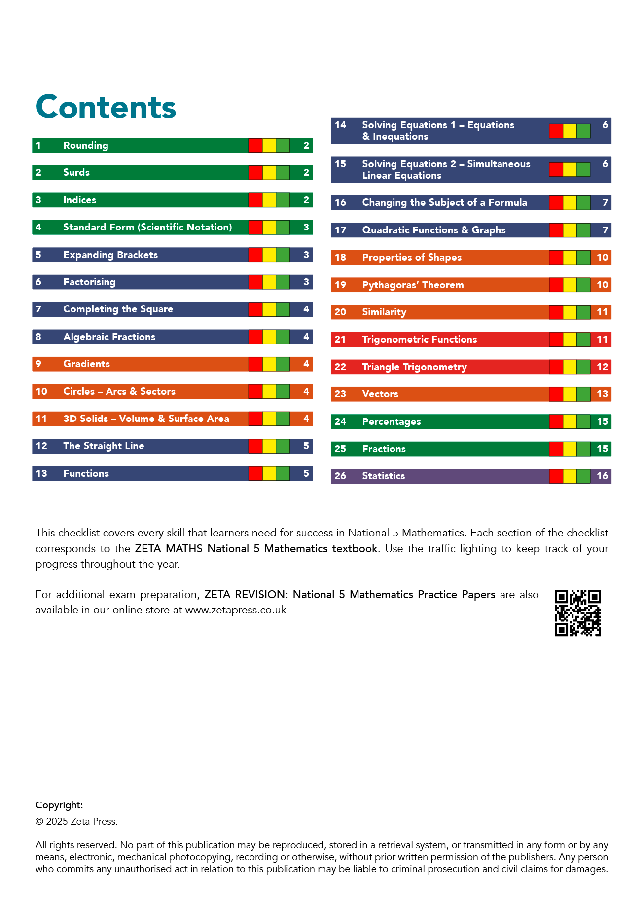 Table of contents for a mathematics textbook with colorful sections.