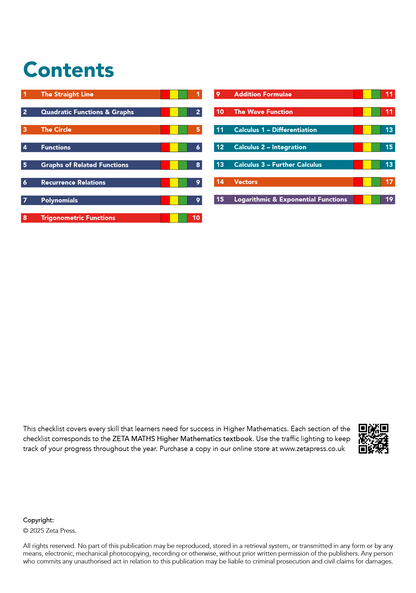 Table of contents for a mathematics textbook with colorful sections on a white background.