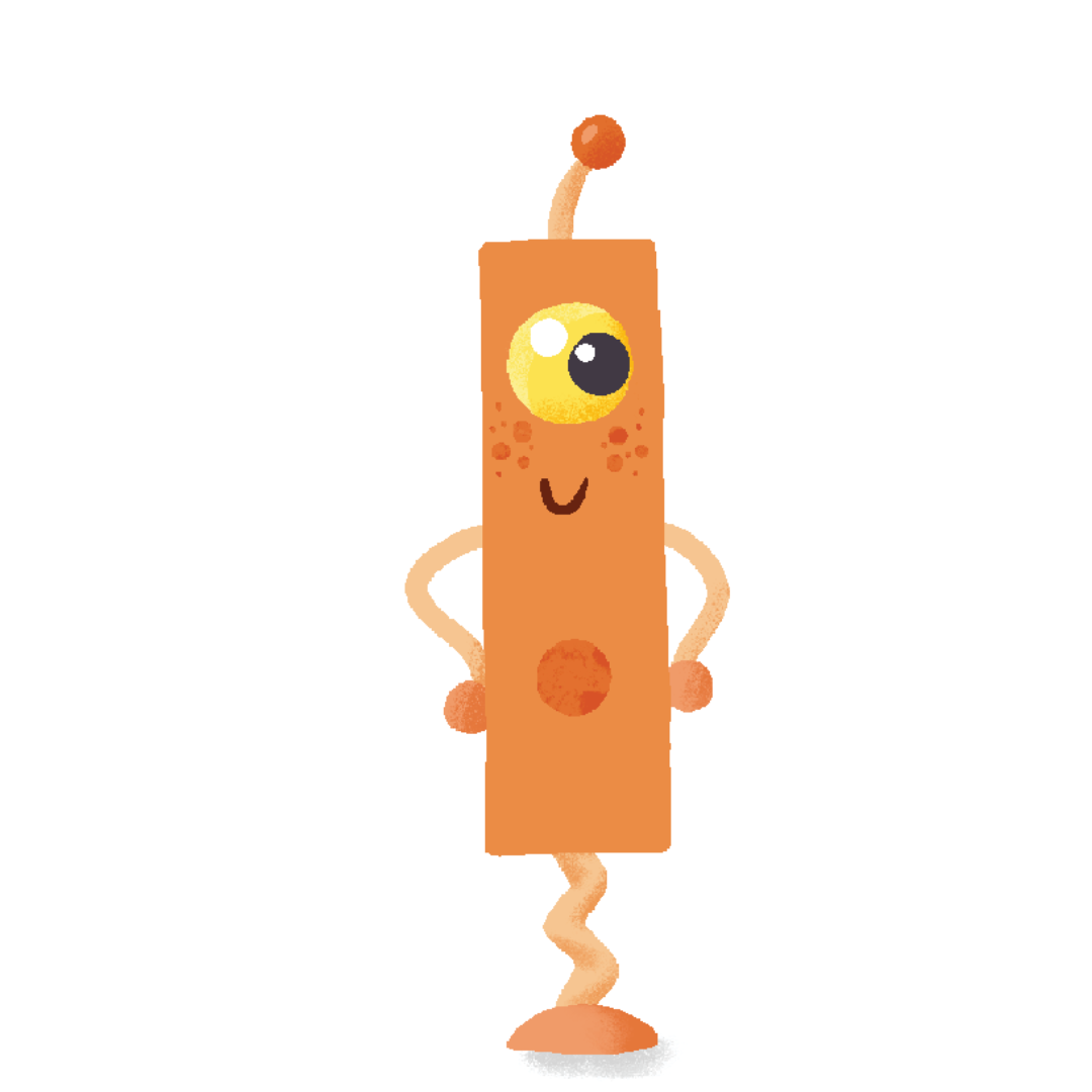 Cartoonish orange ZETA PRESS character with a single eye on a white background