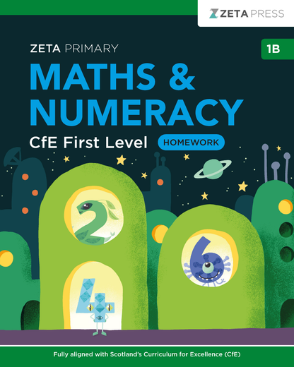 Full front cover scan of the Zeta Press CfE First Level Maths Homework 1B write-on book.