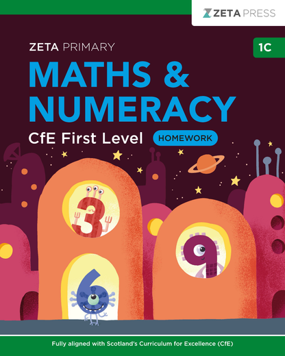 Full front cover scan of the Zeta Press CfE First Level Maths Homework 1C write-on book.