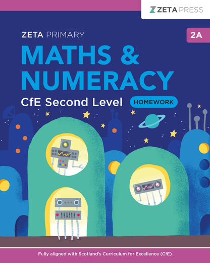 Full front cover scan of the Zeta Press CfE Second Level Maths Homework 2A write-on book.