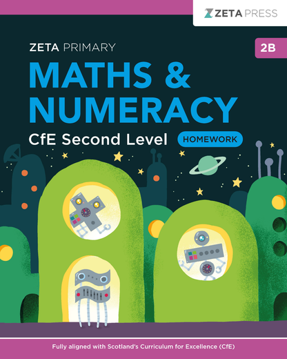 Full front cover scan of the Zeta Press CfE Second Level Maths Homework 2B write-on book.