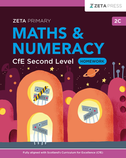 Full front cover scan of the Zeta Press CfE Second Level Maths Homework 2C write-on book.